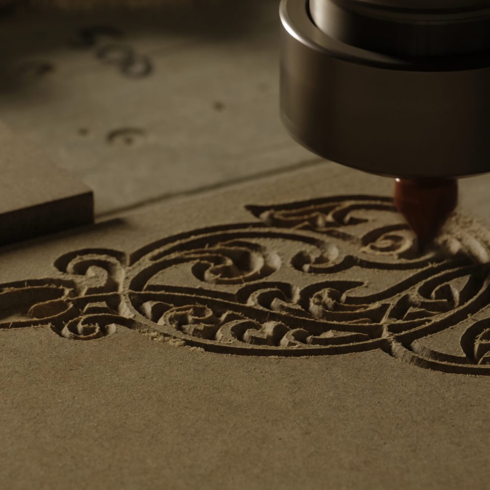 Carving geometric pattern on wooden sheet with small drill at woodwork factory, macro view. Creative. Wood lathe machine processes detail creating sawdust